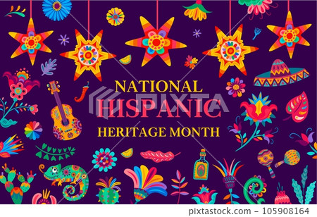 National hispanic heritage month festival banner with pinatas and tropical flowers, guitar, chameleon and tequila with sombrero and maracas, celebrates rich cultural diversity of hispanic communities National hispanic heritage month festival banner with pinatas and tropical flowers, guitar, chameleon and tequila with sombrero and maracas, celebrates rich cultural diversity of hispanic communities 105908164