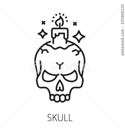 Magic skull. Witchcraft and magic icon. Mystery, esoteric, astrology symbol. Wizard or witchery item, tarot or esoteric symbol. Witchcraft line vector icon or pictogram with human skull and candle 105908220