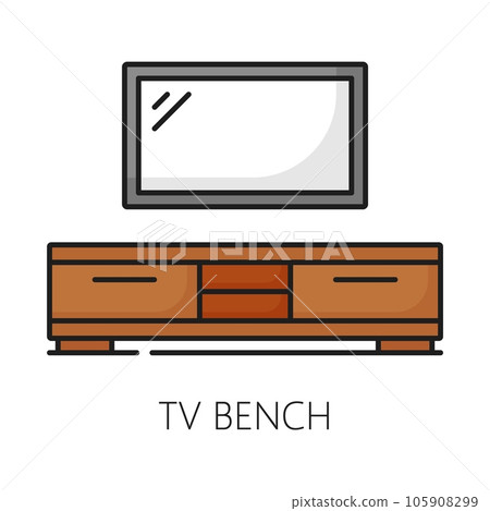 TV bench furniture icon, home interior and living room facility, vector line symbol. Wooden table or television stand with drawers in outline icon, living room lounge or household furniture pictogram TV bench furniture icon, home interior and living room facility, vector line symbol. Wooden table or television stand with drawers in outline icon, living room lounge or household furniture pictogram 105908299