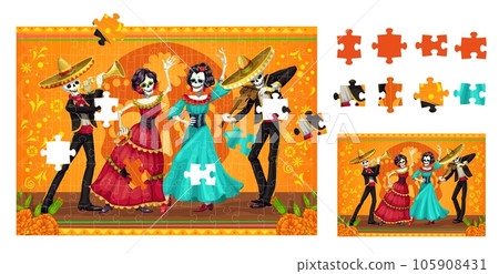 Dia de los muertos Mexican holiday characters. Jigsaw puzzle game pieces. Vector educational game worksheet with cartoon skeletons of Catrina dancers and mariachi musicians perform party event 105908431