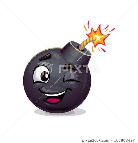 Cartoon bomb character. Explosive, weapon personage with a mischievous wink and wide smile, featuring a burning fuse, ready to explode with comedic charm. Isolated vector playful tnt emoji Cartoon bomb character. Explosive, weapon personage with a mischievous wink and wide smile, featuring a burning fuse, ready to explode with comedic charm. Isolated vector playful tnt emoji 105908457