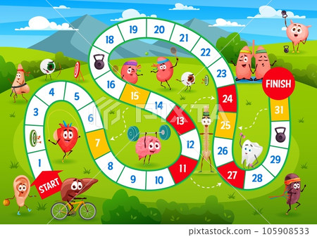 Kids board step game, cartoon human organs sportsman characters on meadow. Vector boardgame worksheet with ear, liver, heart and nose. Eyeball, brain, kidneys or lungs with spine and bladder on path 105908533