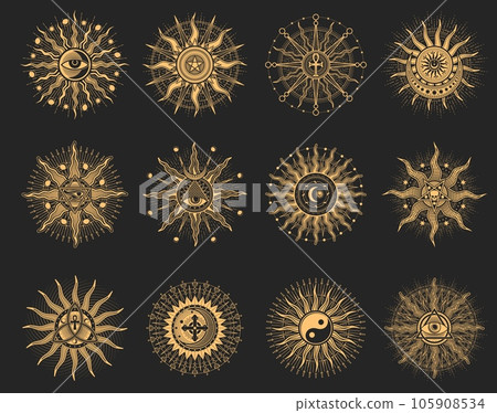Sun and eye esoteric occult pentagram, magic tarot signs and occult pentacle, vector symbols. Alchemy, occultism and witchcraft ritual pentagrams with Mason illuminati all seeing eye and Yin Yang sign Sun and eye esoteric occult pentagram, magic tarot signs and occult pentacle, vector symbols. Alchemy, occultism and witchcraft ritual pentagrams with Mason illuminati all seeing eye and Yin Yang sign 105908534