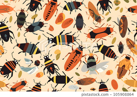 seamless doodle pattern with many different cartoonish bugs on beige backlground, neural network generated image 105908864