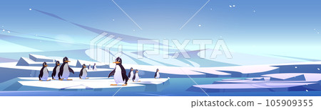 Group of penguins standing on ice landscape Group of penguins standing on ice landscape 105909355