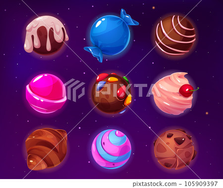 Fantasy candy planet in cartoon vector set. 105909397