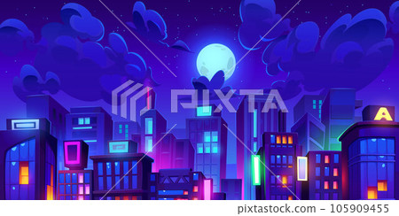 Night city landscape with neon lights and sky Night city landscape with neon lights and sky 105909455