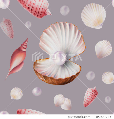 Watercolor seamless pattern with shells and pearls. Hand painting clipart underwater life objects on a white isolated background. For designers, decoration, postcards, wrapping paper, scrapbooking, 105909723