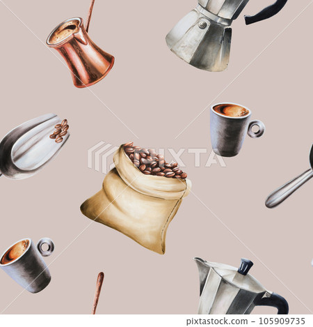 Watercolor seamless pattern with coffee making tools. Latte, espresso, americano. Hand painting on isolated background. For designers, menu, shop, bar, bistro, restaurant, for postcards, wrapping Watercolor seamless pattern with coffee making tools. Latte, espresso, americano. Hand painting on isolated background. For designers, menu, shop, bar, bistro, restaurant, for postcards, wrapping 105909735
