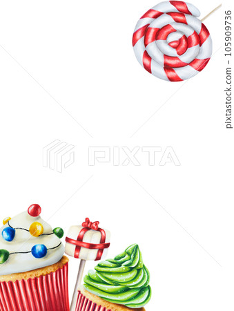 Watercolor postcard with Christmas cream muffins, caramel canes, candies, ice creams. New year hand painting green and red cupcakes isolated on white background. For designers, food decoration, menu, Watercolor postcard with Christmas cream muffins, caramel canes, candies, ice creams. New year hand painting green and red cupcakes isolated on white background. For designers, food decoration, menu, 105909736