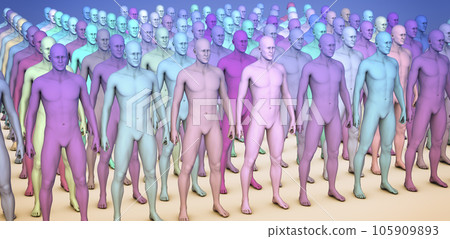 A clone of identical people standing in an organized manner, each colored differently, 3D illustration symbolizing diversity and individuality within unity. 105909893