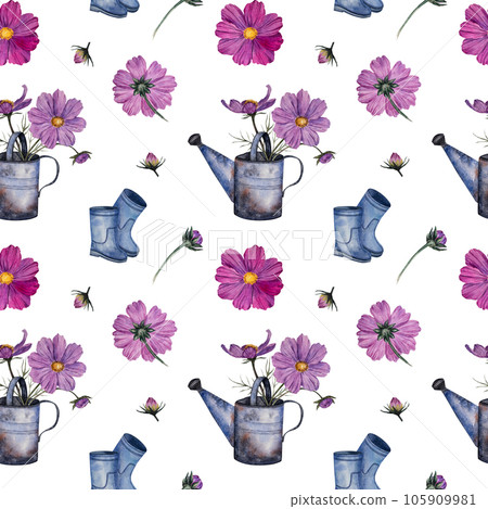 Floral seamless pattern with bouquet of cosmos flowers in metal watering can and rubber boots. watercolor illustration. Botanical pattern for fabrics, textiles, wallpapers, scrapbooking Floral seamless pattern with bouquet of cosmos flowers in metal watering can and rubber boots. watercolor illustration. Botanical pattern for fabrics, textiles, wallpapers, scrapbooking 105909981