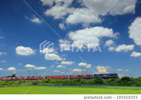 A container freight train pulled by EF210 eco-powered Momotaro has arrived under fluffy clouds like sheep 105910355