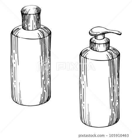 Hand drawn vector ink spa skincare bath beauty bottle and dispencer products package. Isolated object on white background. Design for wall art, wellness resort, print, fabric, cover, card, booklet. Hand drawn vector ink spa skincare bath beauty bottle and dispencer products package. Isolated object on white background. Design for wall art, wellness resort, print, fabric, cover, card, booklet. 105910463