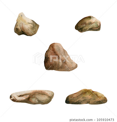 Hand drawn watercolor aquarium rocks, stones and pebbles for bed. Marine exotic underwater illustration. Isolated object on white background. Design for shops, brochure, print, card, wall art, textile 105910473
