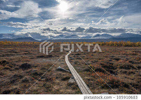 Sunny fall autumn view of Kungsleden Hiking path in Abisko National Park Kiruna Municipality Lapland Sweden 105910683