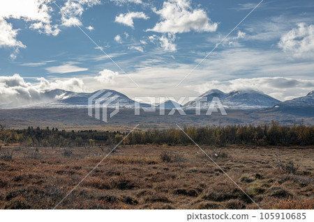 Sunny fall autumn view of Kungsleden Hiking path in Abisko National Park Kiruna Municipality Lapland Sweden 105910685