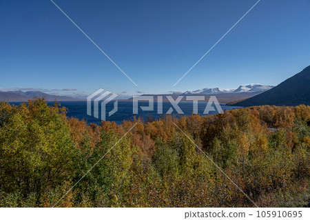 Autumn season in Abisko with Lake Tornetraesk in background, taken from Bjoerkliden, Swedish Lapland, Sweden 105910695