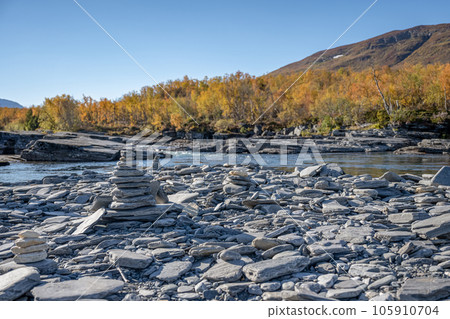 Autum Abisko Canyon River Abiskojakka National Park, Norrbottens, Norrbottens Lapland landscape north of Sweden Autum Abisko Canyon River Abiskojakka National Park, Norrbottens, Norrbottens Lapland landscape north of Sweden 105910704