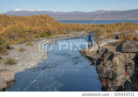 Autum Abisko Canyon River Abiskojakka National Park, Norrbottens, Norrbottens Lapland landscape north of Sweden 105910721