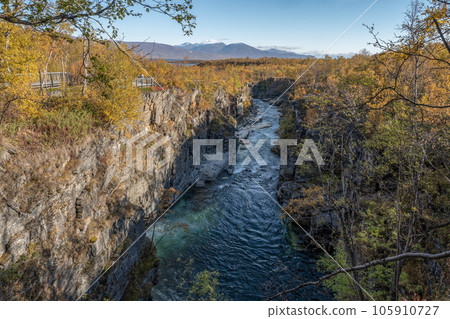 Autum Abisko Canyon River Abiskojakka National Park, Norrbottens, Norrbottens Lapland landscape north of Sweden 105910727