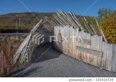 Sunny fall autumn view of Kungsleden Hiking path in Abisko National Park Kiruna Municipality Lapland Sweden Sunny fall autumn view of Kungsleden Hiking path in Abisko National Park Kiruna Municipality Lapland Sweden 105910729