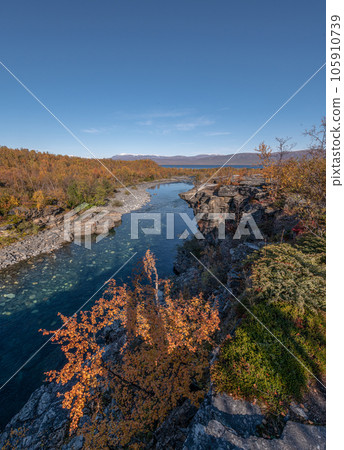 Autum Abisko Canyon River Abiskojakka National Park, Norrbottens, Norrbottens Lapland landscape north of Sweden Autum Abisko Canyon River Abiskojakka National Park, Norrbottens, Norrbottens Lapland landscape north of Sweden 105910739