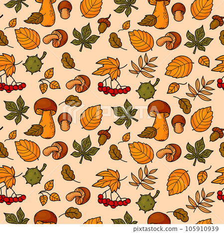 Seamless autumn pattern. Forest mushrooms, berries bunches rowan, acorns and chestnuts with colorful falling leaves on light background. Vector illustration. autumnal bright background. 105910939