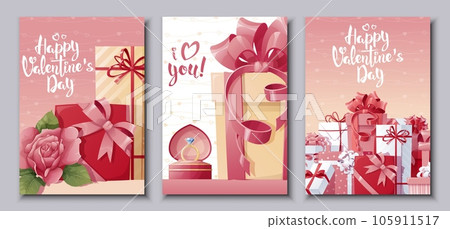 Set of cards for Happy Valentine's Day.Poster with roses, gift. Festive bright postcard, love creative concept. A4 vector illustration for banner, poster, card 105911517