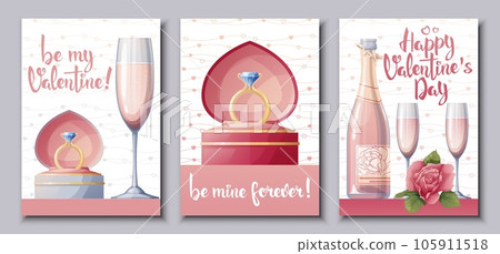 Set of cards for Happy Valentine's Day. Roses, gifts, champagne, wedding ring. Festive bright postcard, love creative concept. A4 vector illustration for banner, poster, card, postcard. 105911518