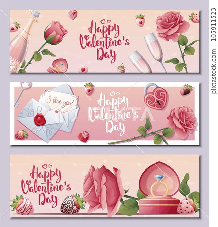 Set of horizontal banners for Valentine's Day. Roses, gifts, wedding ring. Festive bright postcard, love creative concept.Holiday brochure design, greeting cards, love creative concept, gift voucher. 105911523