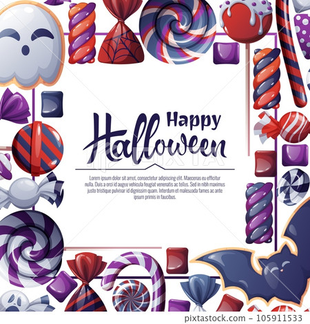 Vector background for Halloween invitation or greeting card. Holiday invitation Trick or Treat. Poster, banner with ghost and bat cookies, spooky candies, sweets, cookies, lollipops. Vector background for Halloween invitation or greeting card. Holiday invitation Trick or Treat. Poster, banner with ghost and bat cookies, spooky candies, sweets, cookies, lollipops. 105911533