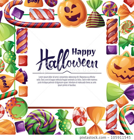 Vector background for Halloween invitation or greeting card. Holiday invitation Trick or Treat. Poster, banner with pumpkin biscuits, spooky candies, sweets, cookies, lollipops. Vector background for Halloween invitation or greeting card. Holiday invitation Trick or Treat. Poster, banner with pumpkin biscuits, spooky candies, sweets, cookies, lollipops. 105911545