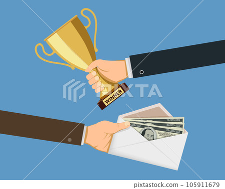 Two people hold golden winner cup and the bribe 105911679