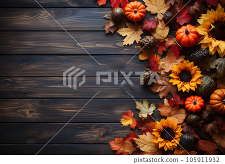 Autumn background with pumpkins, leaves and cones on wooden background Autumn background with pumpkins, leaves and cones on wooden background 105911932