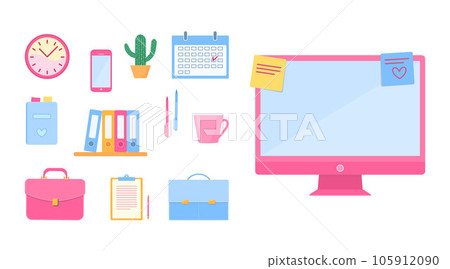 Set of office accessories. Business concept. Cartoon flat style Set of office accessories. Business concept. Cartoon flat style 105912090