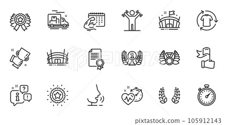 Outline set of Fitness calendar, Arena and Timer line icons for web application. Talk, information, delivery truck outline icon. Include Winner cup, Dumbbells workout, Change clothes icons. Vector Outline set of Fitness calendar, Arena and Timer line icons for web application. Talk, information, delivery truck outline icon. Include Winner cup, Dumbbells workout, Change clothes icons. Vector 105912143