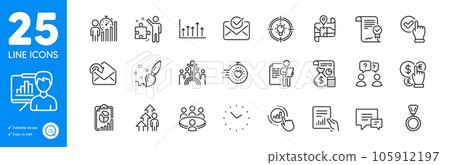 Outline icons set. Inclusion, Receive mail and Money currency icons. Time, Business statistics, Comment web elements. Map, Meeting, Timer signs. Document, Idea, Paint brush. Checkbox. Vector Outline icons set. Inclusion, Receive mail and Money currency icons. Time, Business statistics, Comment web elements. Map, Meeting, Timer signs. Document, Idea, Paint brush. Checkbox. Vector 105912197