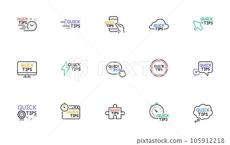 Quick tips line icons. Helpful tricks, Solution and Quickstart guide. Tutorial linear icon set. Bicolor outline web elements. Vector Quick tips line icons. Helpful tricks, Solution and Quickstart guide. Tutorial linear icon set. Bicolor outline web elements. Vector 105912218