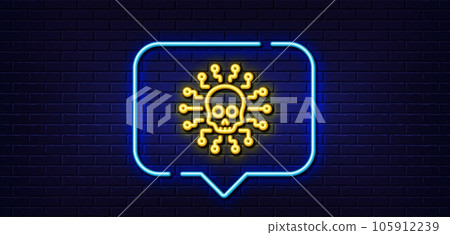 Neon light speech bubble. Cyber attack line icon. Ransomware threat sign. Hacker network symbol. Neon light background. Cyber attack glow line. Brick wall banner. Vector 105912239