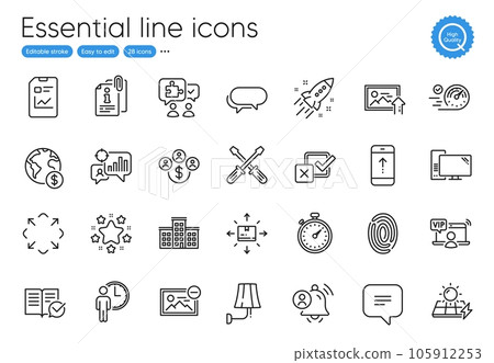 Text message, Attached info and Computer line icons. Collection of Startup rocket, Vip access, Checkbox icons. Stars, Wall lamp, Swipe up web elements. Solar panels, Company, Cardboard box. Vector 105912253