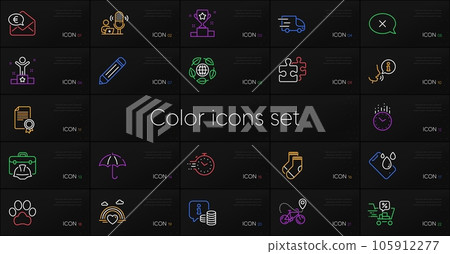 Set of Lgbt, Euro money and Truck delivery line icons. Include Reject, Winner cup, Time icons. Socks, Bike delivery, Eco organic web elements. Certificate, Winner, Umbrella. Timer. Vector 105912277