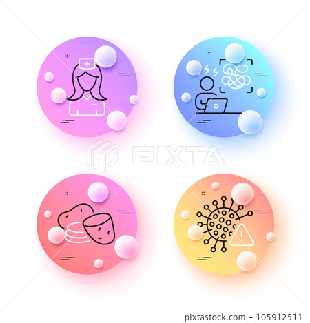 Potato, Difficult stress and Covid virus minimal line icons. 3d spheres or balls buttons. Hospital nurse icons. For web, application, printing. Vector 105912511