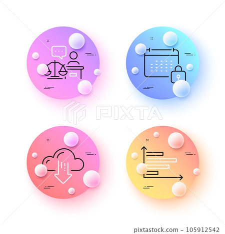 Cloud download, Horizontal chart and Court judge minimal line icons. 3d spheres or balls buttons. Calendar icons. For web, application, printing. File storage, Presentation graph, Judgement. Vector 105912542