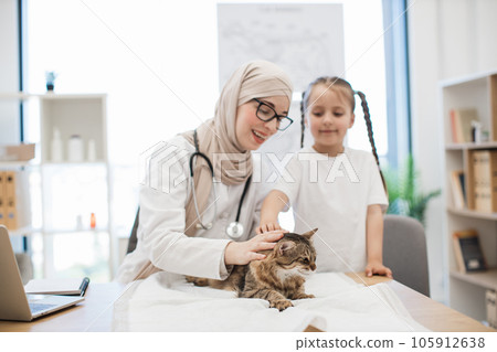 Female specialist and owner stroking cat during vet exam 105912638