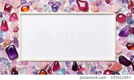 Frame of crystals and gem stones, sea glass, blue and pink colors 105912843