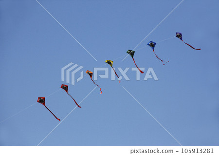 New Year's park photo. A lot of people were gathering and flying kites. The children cheer and look up at the blue sky in comfort. New Year's park photo. A lot of people were gathering and flying kites. The children cheer and look up at the blue sky in comfort. 105913281
