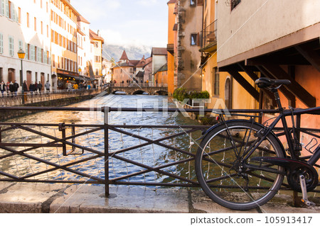 Annecy. FRANCE. View of the river Thiou flowing through the city of Annecy 105913417