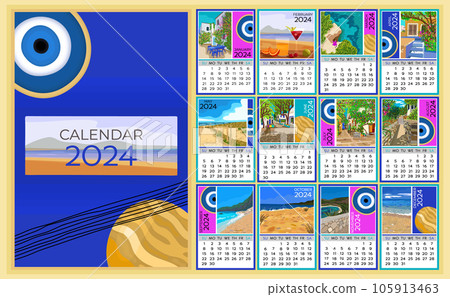 Calendar 2024. Colorful monthly calendar with various southern landscapes. Cover and 12 monthly pages. Week starts on Sunday, vector illustration. A4 pages. Calendar 2024. Colorful monthly calendar with various southern landscapes. Cover and 12 monthly pages. Week starts on Sunday, vector illustration. A4 pages. 105913463