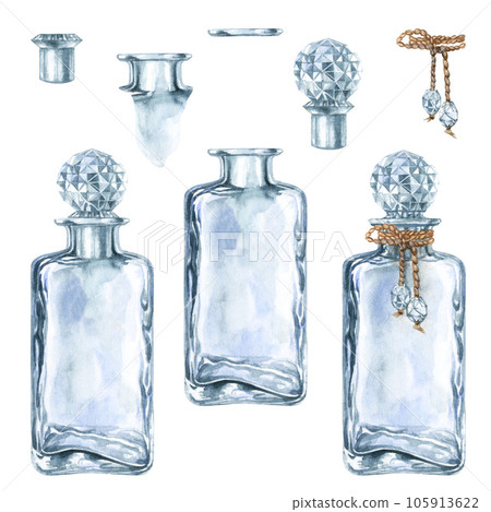Beautiful vintage bottle for perfume and elixirs in fantasy games, in the alchemy laboratory, for magic potions. Beautiful vintage bottle for perfume and elixirs in fantasy games, in the alchemy laboratory, for magic potions. 105913622